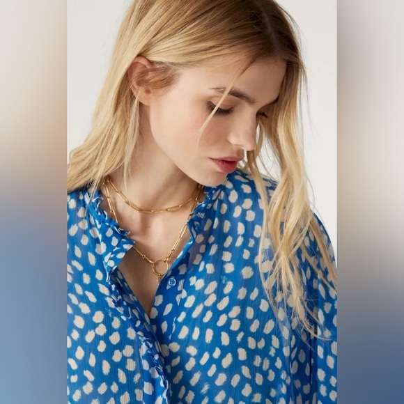 ba&sh Ruffle Bingo Giraffe Print Sheet Blouse Blue - Picture 3 of 12